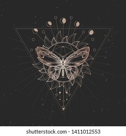 Vector illustration with hand drawn butterfly and Sacred geometric symbol on black vintage background. Abstract mystic sign. Gold linear shape. For you design or magic craft.