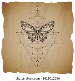 Vector illustration with hand drawn butterfly and Sacred geometric symbol on vintage paper background with torn edges. Abstract mystic sign. Sepia linear shape. For you design or magic craft.