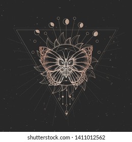 Vector illustration with hand drawn butterfly and Sacred geometric symbol on black vintage background. Abstract mystic sign. Gold linear shape. For you design or magic craft.
