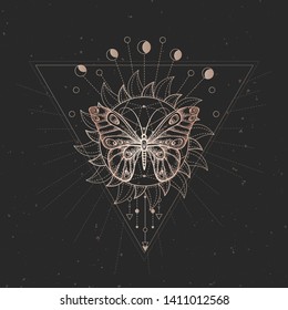 Vector illustration with hand drawn butterfly and Sacred geometric symbol on black vintage background. Abstract mystic sign. Gold linear shape. For you design or magic craft.