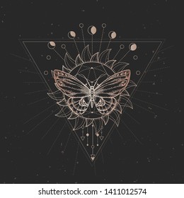 Vector illustration with hand drawn butterfly and Sacred geometric symbol on black vintage background. Abstract mystic sign. Gold linear shape. For you design or magic craft.