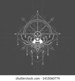 Vector illustration with hand drawn butterfly Dead head and Sacred geometric symbol on black background. Abstract mystic sign. White linear shape. For you design, tattoo or magic craft.