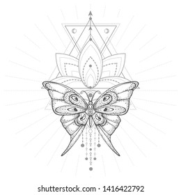 Vector illustration with hand drawn butterfly and Sacred geometric symbol on white background. Abstract mystic sign. Black linear shape. For you design, tattoo or magic craft.