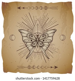 Vector illustration with hand drawn butterfly and Sacred geometric symbol on old paper background with torn edges. Abstract mystic sign.