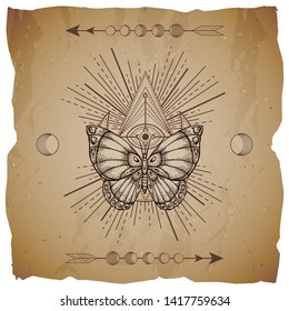 Vector illustration with hand drawn butterfly and Sacred geometric symbol on old paper background with torn edges. Abstract mystic sign.