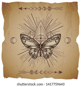Vector illustration with hand drawn butterfly and Sacred geometric symbol on old paper background with torn edges. Abstract mystic sign.