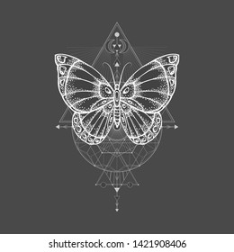 Vector illustration with hand drawn butterfly and Sacred geometric symbol on black background. Abstract mystic sign. For you design, tattoo or magic craft.