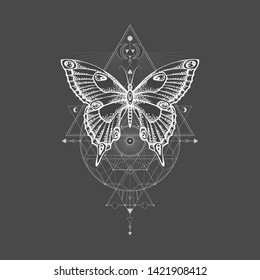 Vector illustration with hand drawn butterfly and Sacred geometric symbol on black background. Abstract mystic sign. For you design, tattoo or magic craft.