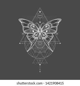 Vector illustration with hand drawn butterfly and Sacred geometric symbol on black background. Abstract mystic sign. For you design, tattoo or magic craft.