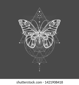 Vector illustration with hand drawn butterfly and Sacred geometric symbol on black background. Abstract mystic sign. For you design, tattoo or magic craft.