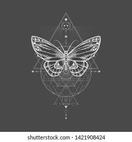 Vector illustration with hand drawn butterfly and Sacred geometric symbol on black background. Abstract mystic sign. For you design, tattoo or magic craft.