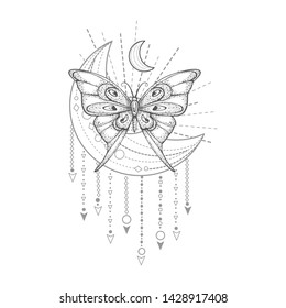 Vector illustration with hand drawn butterfly and Sacred geometric symbol on white background. Abstract mystic sign.