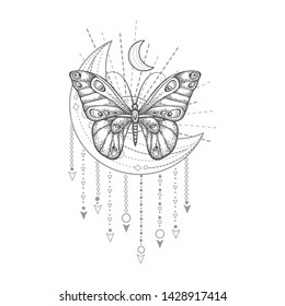 Vector illustration with hand drawn butterfly and Sacred geometric symbol on white background. Abstract mystic sign.