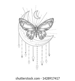 Vector illustration with hand drawn butterfly and Sacred geometric symbol on white background. Abstract mystic sign.