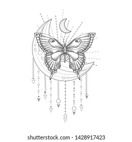 Vector illustration with hand drawn butterfly and Sacred geometric symbol on white background. Abstract mystic sign.