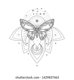 Vector illustration with hand drawn butterfly and Sacred geometric symbol on white background. Abstract mystic sign. 