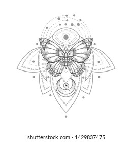 Vector illustration with hand drawn butterfly and Sacred geometric symbol on white background. Abstract mystic sign. 