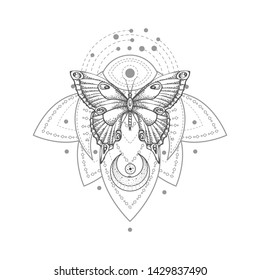 Vector illustration with hand drawn butterfly and Sacred geometric symbol on white background. Abstract mystic sign. 