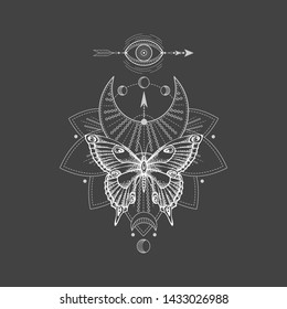 Vector illustration with hand drawn butterfly and Sacred geometric symbol on black background. Abstract mystic sign. White linear shape. For you design, tattoo or magic craft.