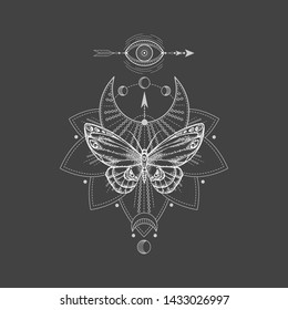 Vector illustration with hand drawn butterfly and Sacred geometric symbol on black background. Abstract mystic sign. White linear shape. For you design, tattoo or magic craft.