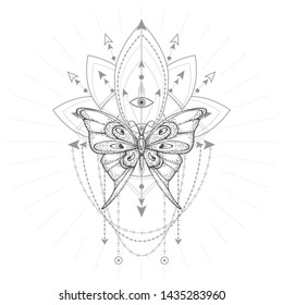 Vector illustration with hand drawn butterfly and Sacred geometric symbol on white background. Abstract mystic sign. Black linear shape. For you design, tattoo or magic craft.