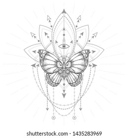 Vector illustration with hand drawn butterfly and Sacred geometric symbol on white background. Abstract mystic sign. Black linear shape. For you design, tattoo or magic craft.