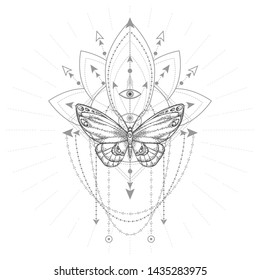 Vector illustration with hand drawn butterfly and Sacred geometric symbol on white background. Abstract mystic sign. Black linear shape. For you design, tattoo or magic craft.