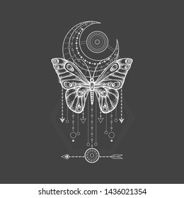 Vector illustration with hand drawn butterfly and Sacred geometric symbol on black background. Abstract mystic sign. White linear shape. For you design, tattoo or magic craft.