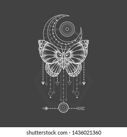 Vector illustration with hand drawn butterfly and Sacred geometric symbol on black background. Abstract mystic sign. White linear shape. For you design, tattoo or magic craft.