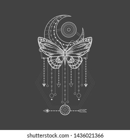 Vector illustration with hand drawn butterfly and Sacred geometric symbol on black background. Abstract mystic sign. White linear shape. For you design, tattoo or magic craft.