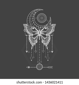 Vector illustration with hand drawn butterfly and Sacred geometric symbol on black background. Abstract mystic sign. White linear shape. For you design, tattoo or magic craft.