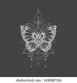 Vector illustration with hand drawn butterfly and Sacred geometric symbol on black background. Abstract mystic sign. White linear shape. For you design, tattoo or magic craft.