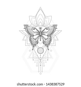 Vector illustration with hand drawn butterfly and Sacred geometric symbol on white background. Abstract mystic sign. Black linear shape. For you design, tattoo or magic craft.