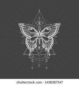 Vector illustration with hand drawn butterfly and Sacred geometric symbol on black background. Abstract mystic sign. White linear shape. For you design, tattoo or magic craft.
