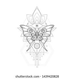 Vector illustration with hand drawn butterfly and Sacred geometric symbol on white background. Abstract mystic sign. Black linear shape. For you design, tattoo or magic craft.
