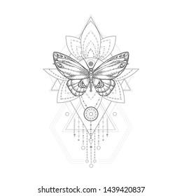 Vector illustration with hand drawn butterfly and Sacred geometric symbol on white background. Abstract mystic sign. Black linear shape. For you design, tattoo or magic craft.