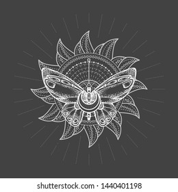 Vector illustration with hand drawn butterfly and Sacred geometric symbol on black background. Abstract mystic sign. White linear shape. For you design, tattoo or magic craft.