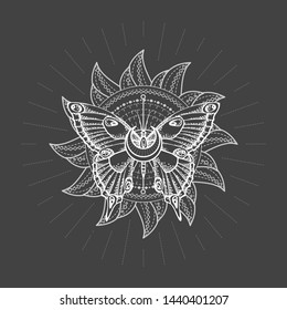 Vector illustration with hand drawn butterfly and Sacred geometric symbol on black background. Abstract mystic sign. White linear shape. For you design, tattoo or magic craft.