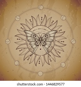 Vector illustration with hand drawn butterfly and Sacred geometric symbol on vintage paper background. Abstract mystic sign. Sepia linear shape. For you design or magic craft.