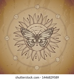Vector illustration with hand drawn butterfly and Sacred geometric symbol on vintage paper background. Abstract mystic sign. Sepia linear shape. For you design or magic craft.