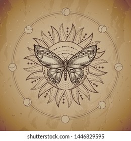 Vector illustration with hand drawn butterfly and Sacred geometric symbol on vintage paper background. Abstract mystic sign. Sepia linear shape. For you design or magic craft.