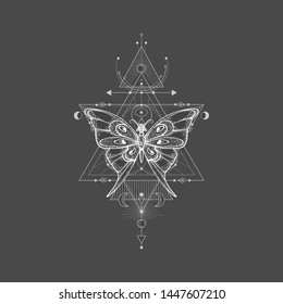 Vector illustration with hand drawn butterfly and Sacred geometric symbol on black background. Abstract mystic sign. White linear shape. For you design, tattoo or magic craft.