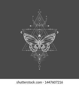 Vector illustration with hand drawn butterfly and Sacred geometric symbol on black background. Abstract mystic sign. White linear shape. For you design, tattoo or magic craft.