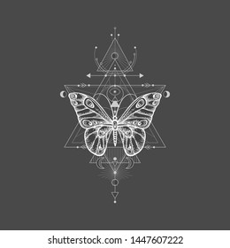 Vector illustration with hand drawn butterfly and Sacred geometric symbol on black background. Abstract mystic sign. White linear shape. For you design, tattoo or magic craft.