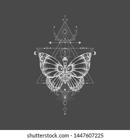 Vector illustration with hand drawn butterfly and Sacred geometric symbol on black background. Abstract mystic sign. White linear shape. For you design, tattoo or magic craft.