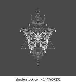 Vector illustration with hand drawn butterfly and Sacred geometric symbol on black background. Abstract mystic sign. White linear shape. For you design, tattoo or magic craft.