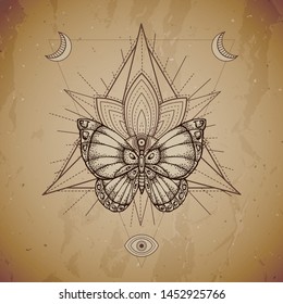 Vector illustration with hand drawn butterfly and Sacred geometric symbol on vintage paper background. Abstract mystic sign. Sepia linear shape. For you design or magic craft.