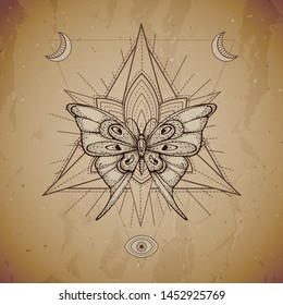 Vector illustration with hand drawn butterfly and Sacred geometric symbol on vintage paper background. Abstract mystic sign. Sepia linear shape. For you design or magic craft.