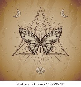 Vector illustration with hand drawn butterfly and Sacred geometric symbol on vintage paper background. Abstract mystic sign. Sepia linear shape. For you design or magic craft.