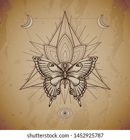 Vector illustration with hand drawn butterfly and Sacred geometric symbol on vintage paper background. Abstract mystic sign. Sepia linear shape. For you design or magic craft.
